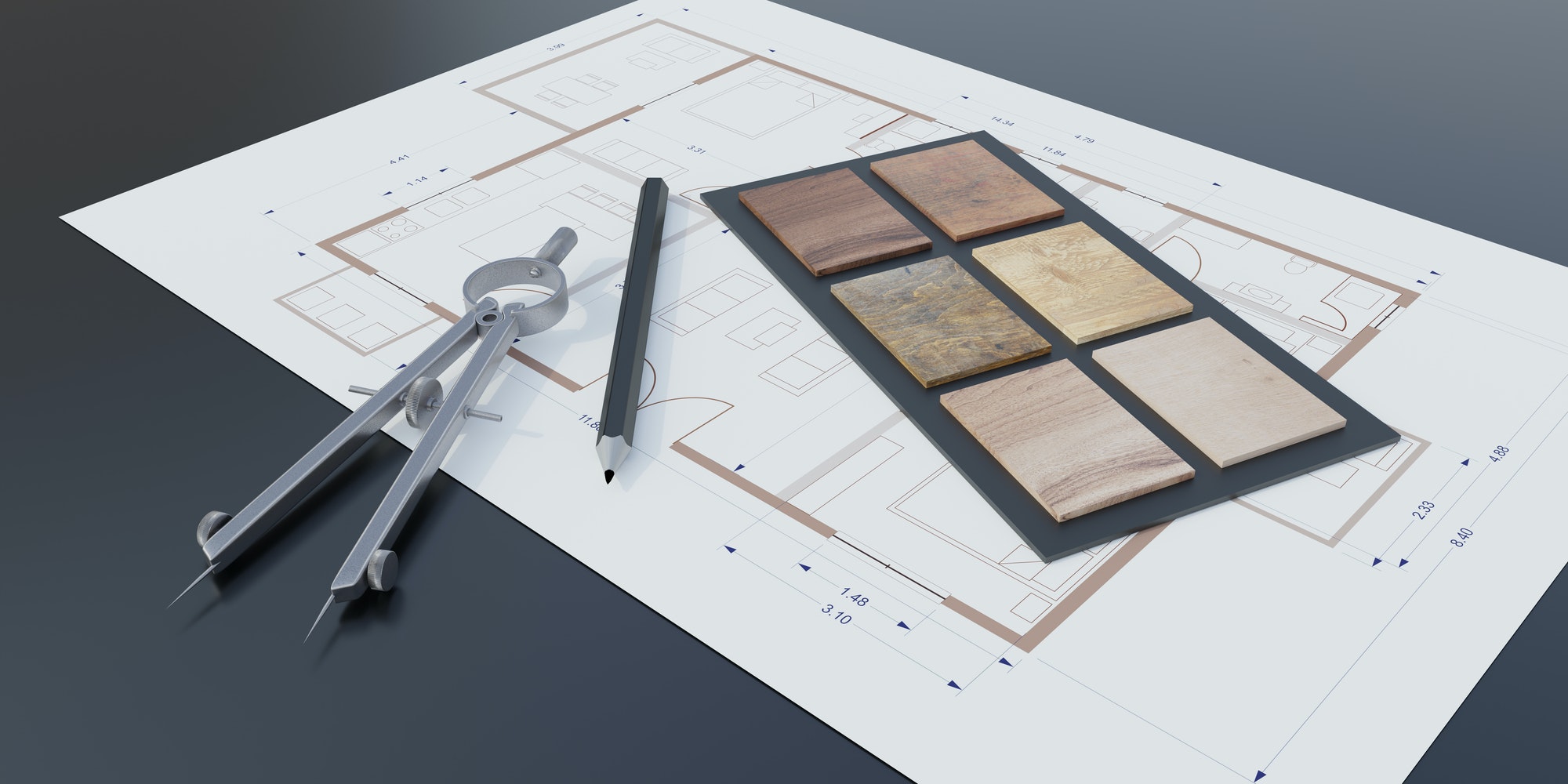 Design furniture home. Pencil, calipers, various wooden sample on blueprint background. 3d render